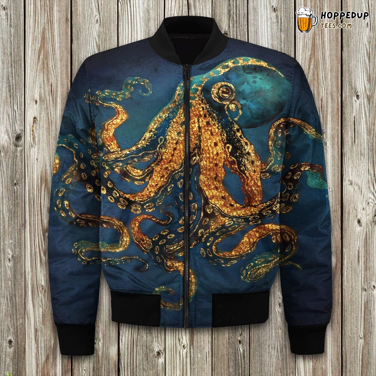 Mysterious Octopus Print Winter Bomber Jacket Deep Sea Inspired Design