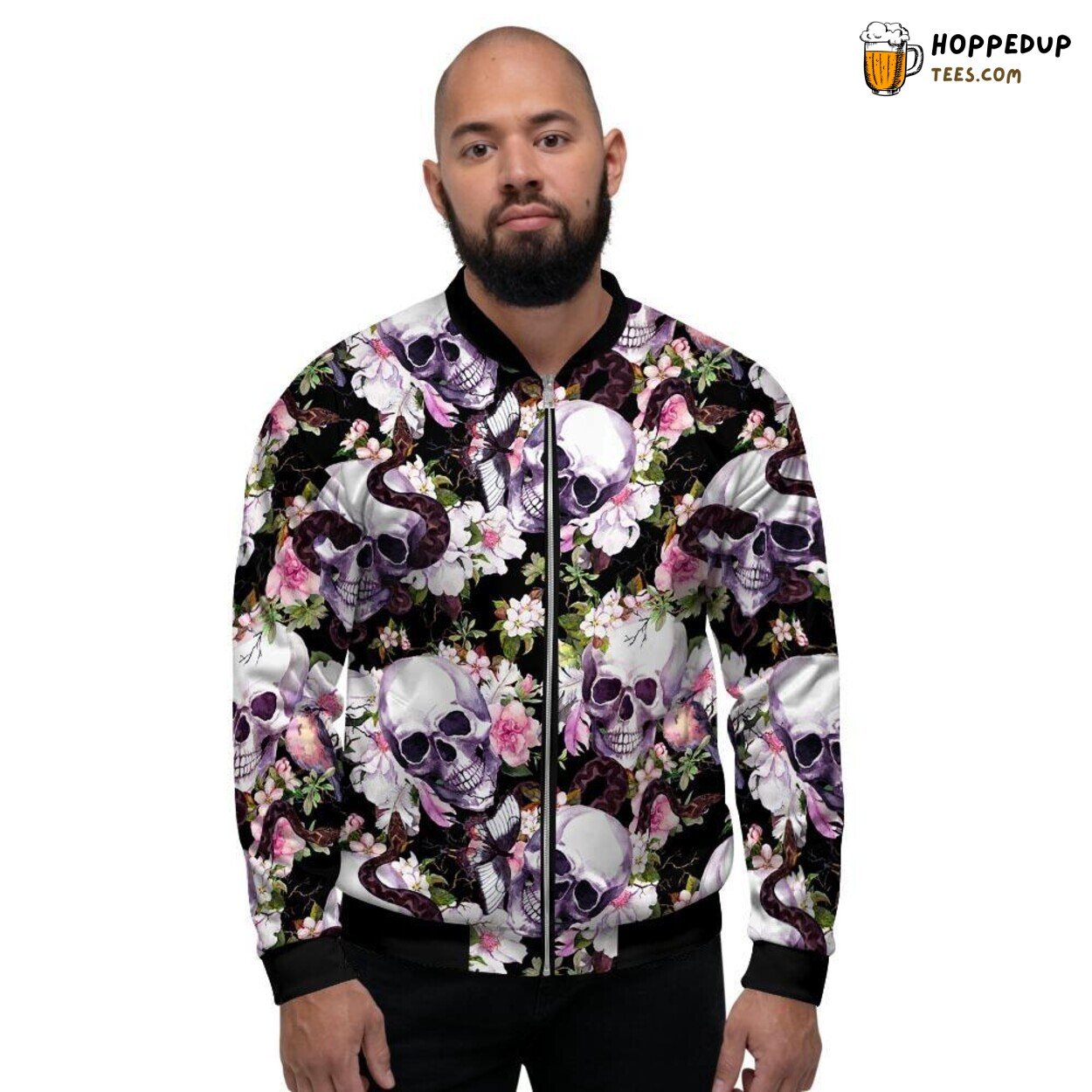 Mystic Flower Integrated Skull Design Men’s Bomber Jacket Macabre Botanical Art