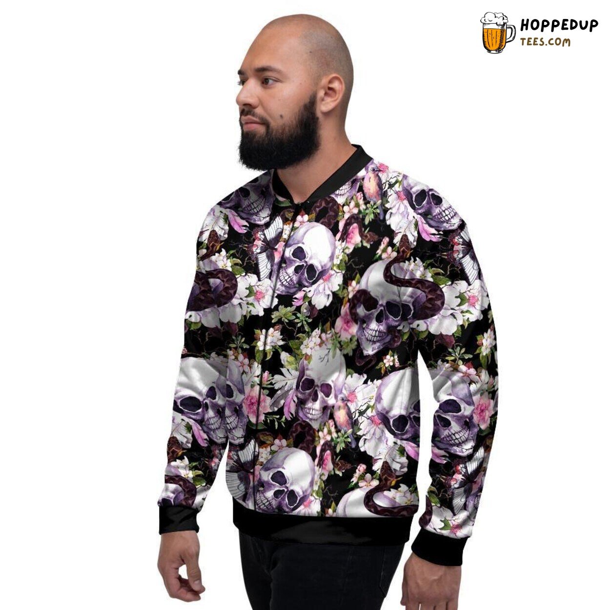 Mystic Flower Integrated Skull Design Men’s Bomber Jacket Macabre Botanical Art