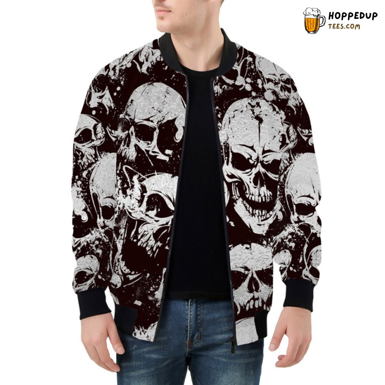 Mystical Allure of Silver Grunge Embodied Skulls Bomber Jacket