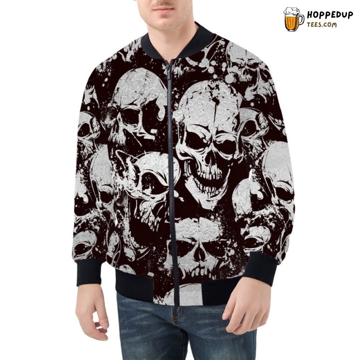 Mystical Allure of Silver Grunge Embodied Skulls Bomber Jacket