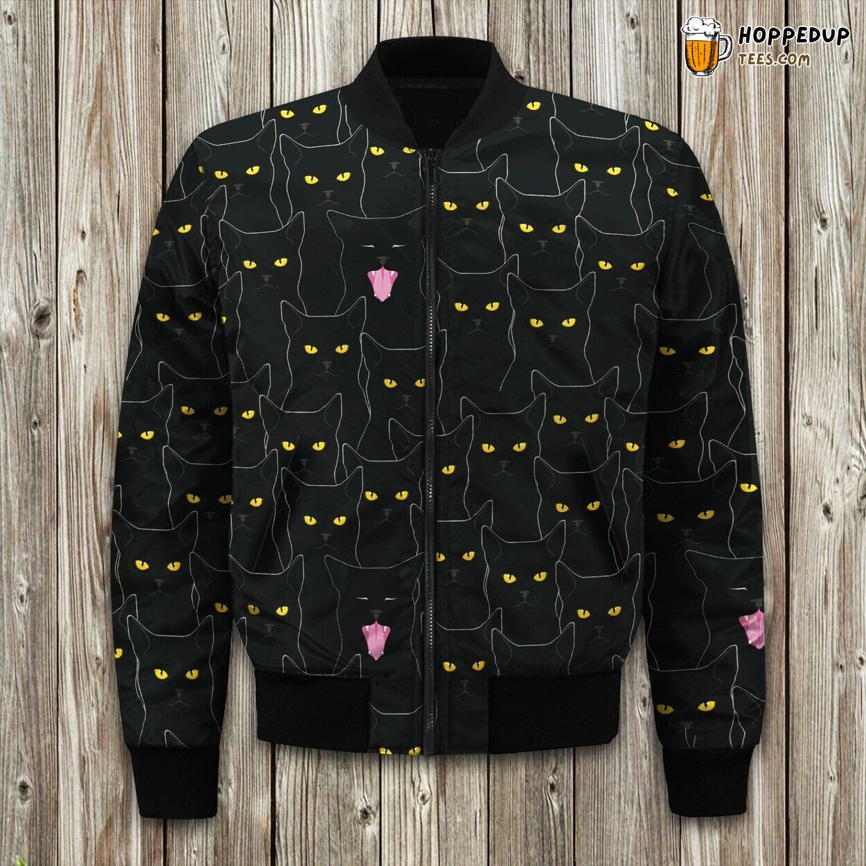 Mystical Black Cat Eyes Winter Bomber Jacket Feline Enigma Displayed
