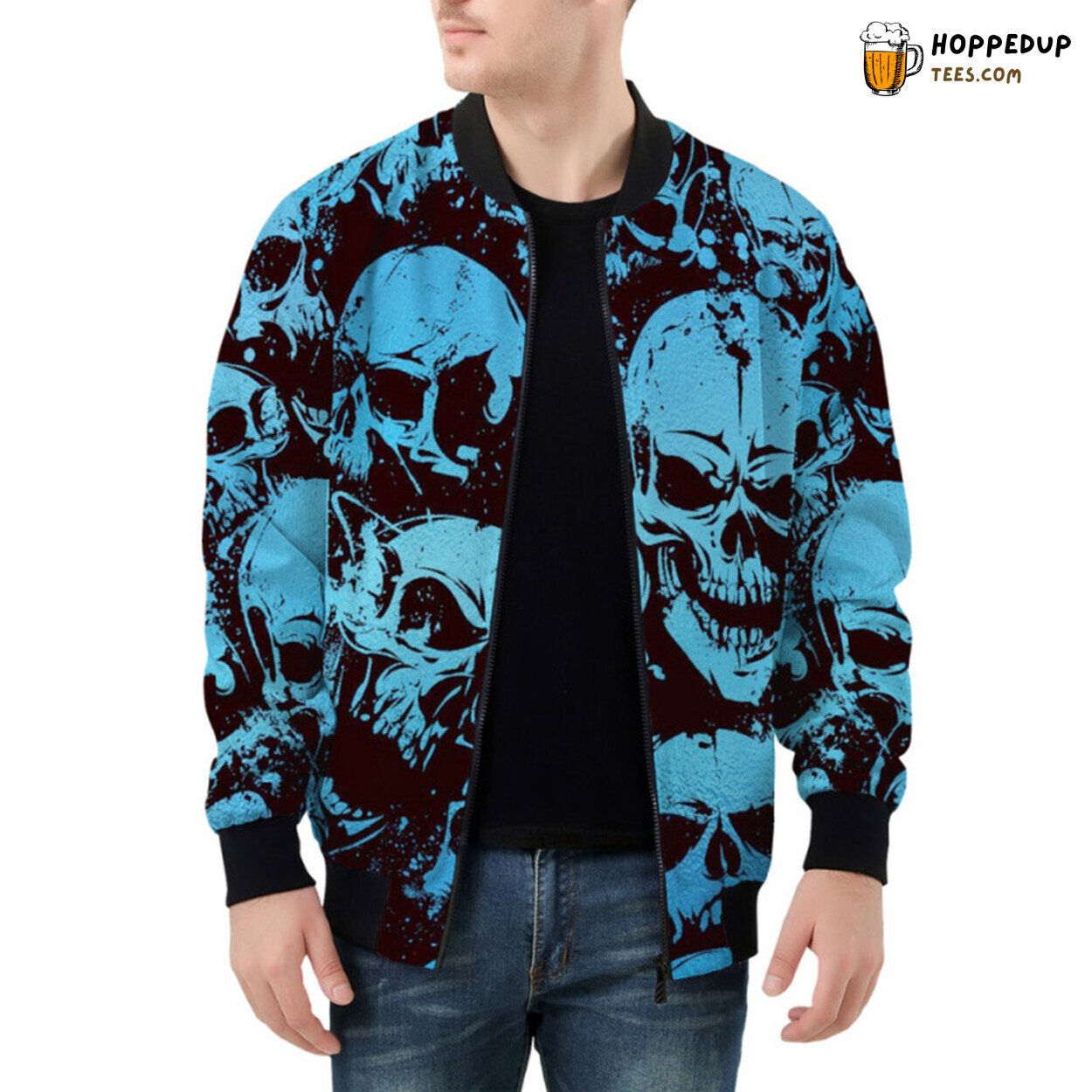 Mystique of Blue Grunge Skulls Detailed on Artistic Bomber Jacket