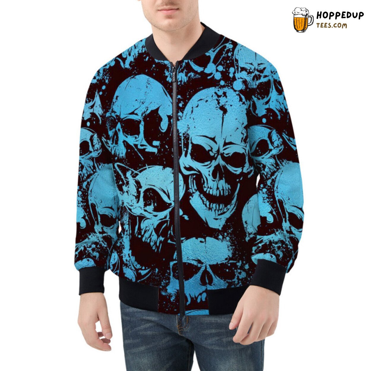 Mystique of Blue Grunge Skulls Detailed on Artistic Bomber Jacket