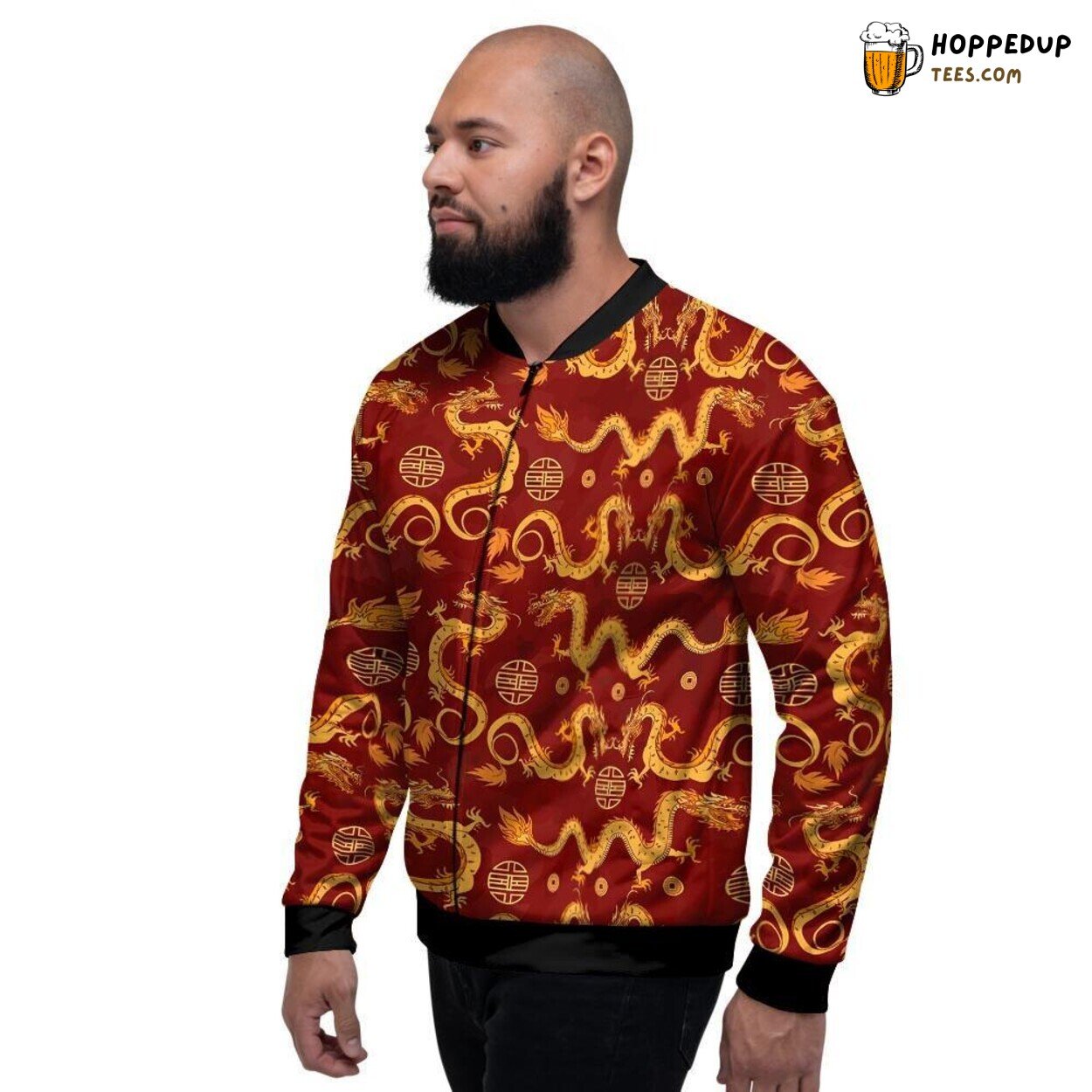 Mythical Red Chinese Dragon Design Men’s Bomber Jacket Traditional Oriental