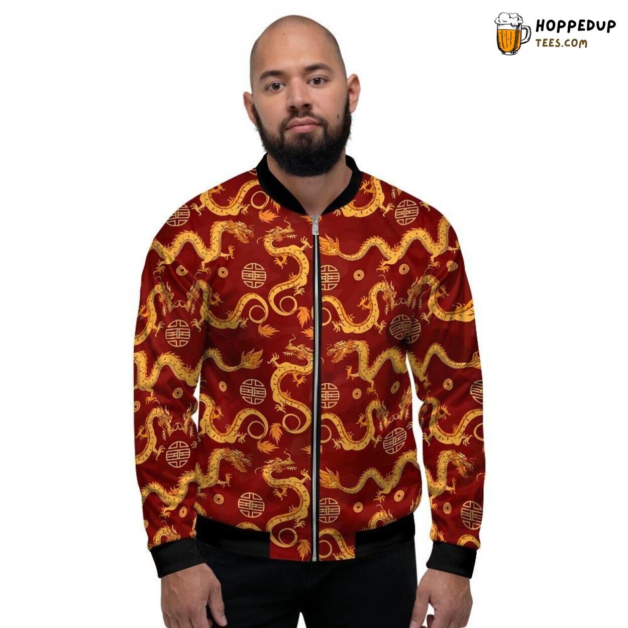 Mythical Red Chinese Dragon Design Men’s Bomber Jacket Traditional Oriental