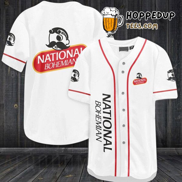 National Bohemian Themed White Baseball Jersey Distinctive Unique Design