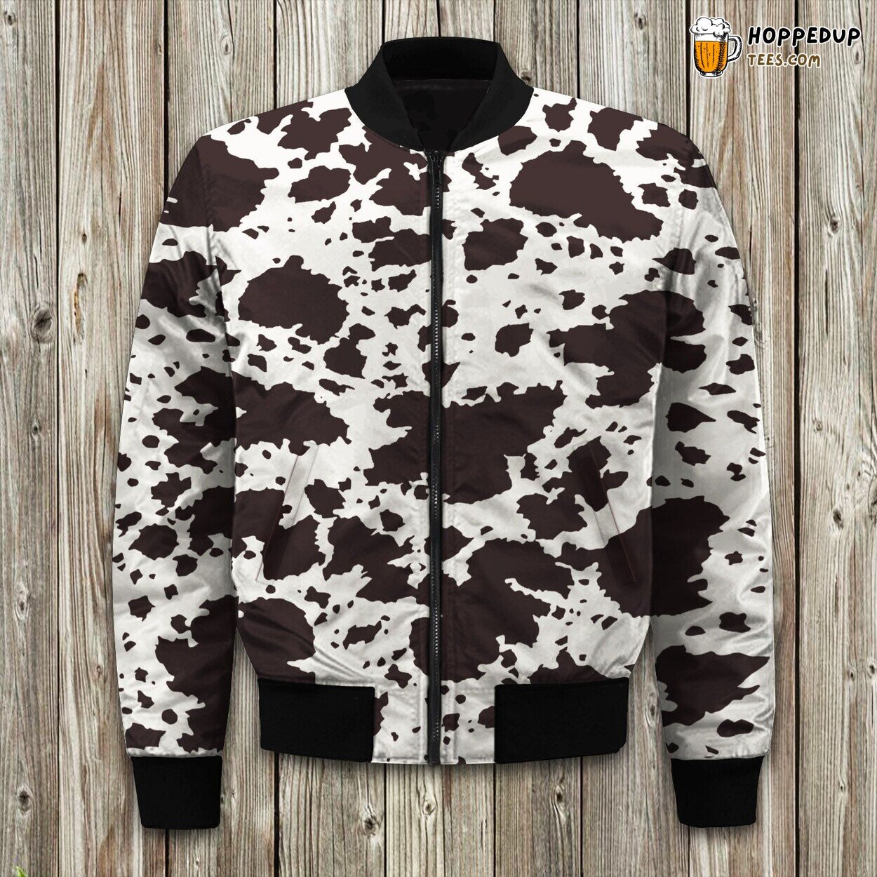 Natural Cowhide Print Winter Bomber Jacket Rancher’s Fashion Elegance