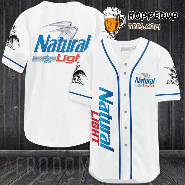 Natural Light Inspired White Baseball Jersey Unique Distinctive Design Look