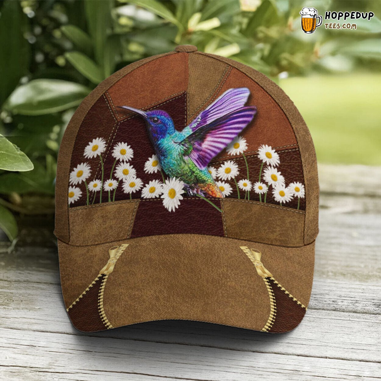 Nature Lovers Hummingbird Daisy Flower Leather Unique Baseball Cap Art