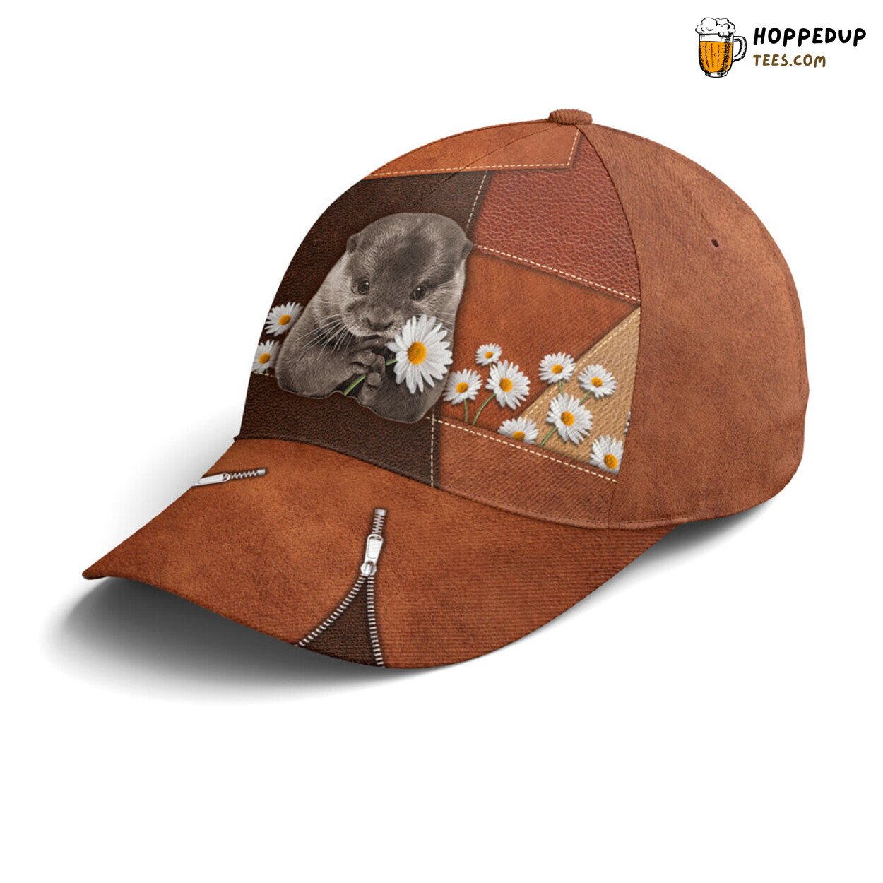 Nature’s Beauty Otter Daisy Flowers Leather Style Baseball Cap Art