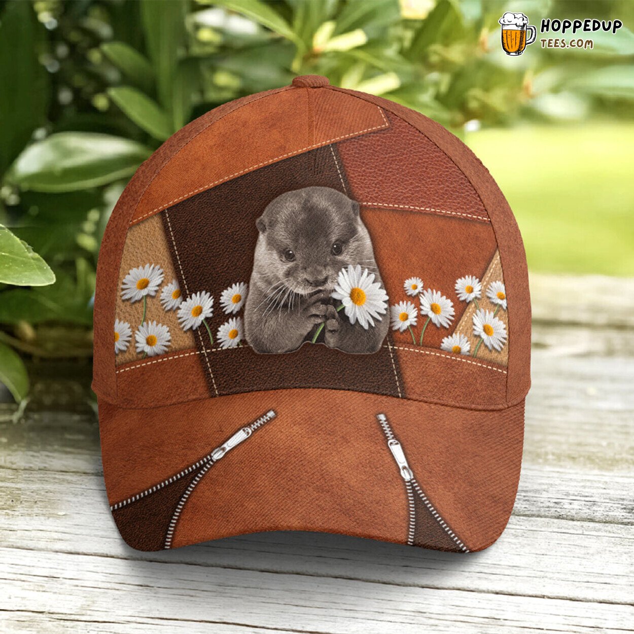 Nature’s Beauty Otter Daisy Flowers Leather Style Baseball Cap Art