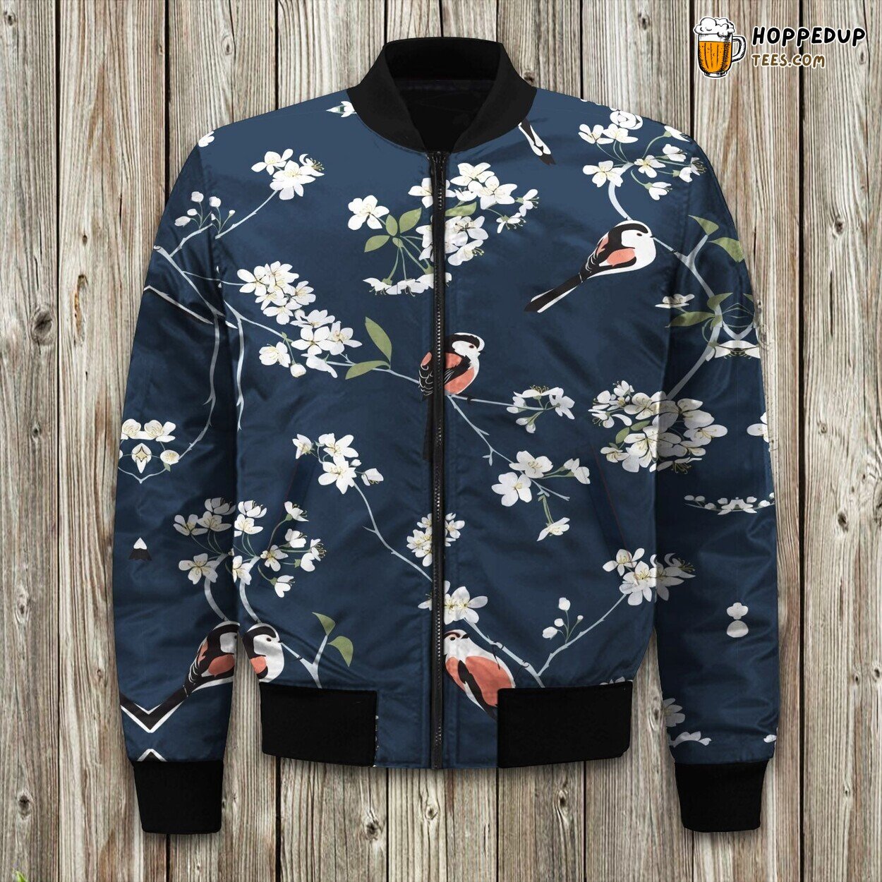 Nature’s Duo Bird Flower Print Winter Bomber Jacket Harmony Elegance Look