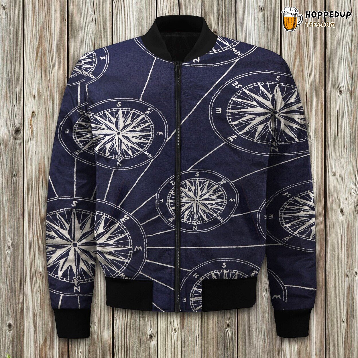 Nautical Compass Design Winter Bomber Jacket Maritime Exploration Style