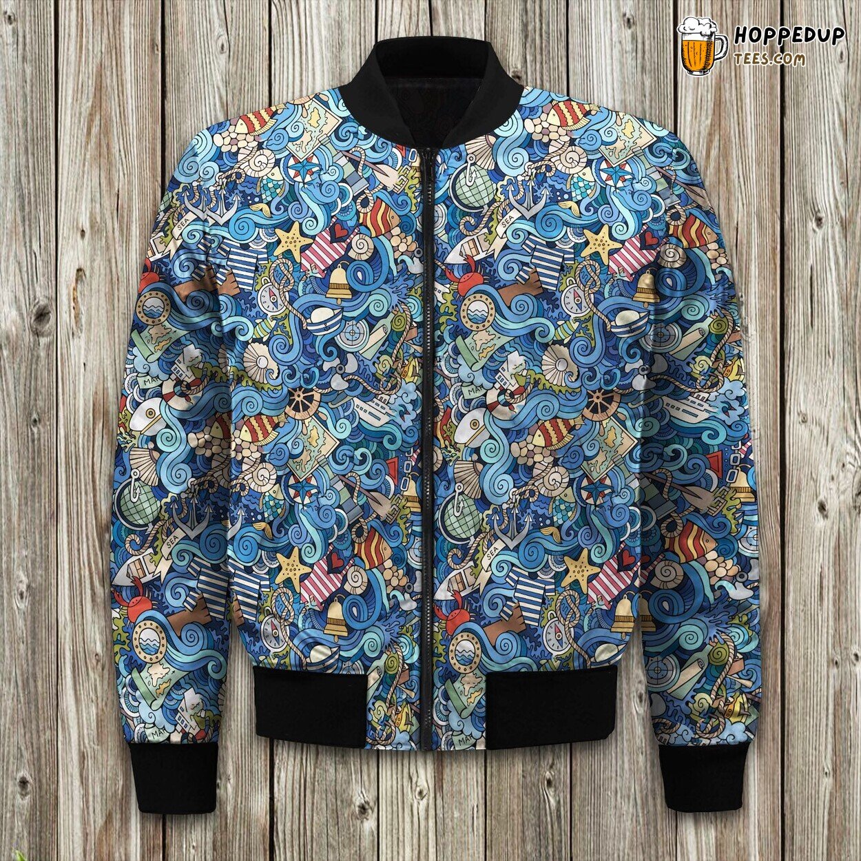 Nautical Doodle Art Winter Bomber Jacket Sea Inspired Creative Design