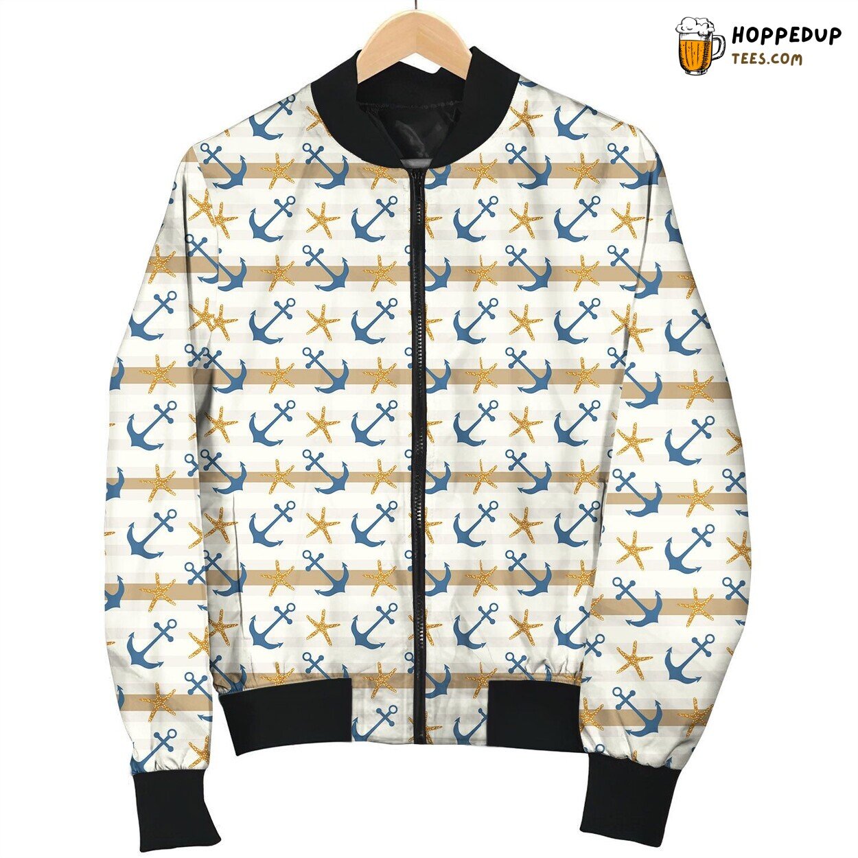 Nautical Items By Blue And Golden On Stripes Background Bomber Jacket