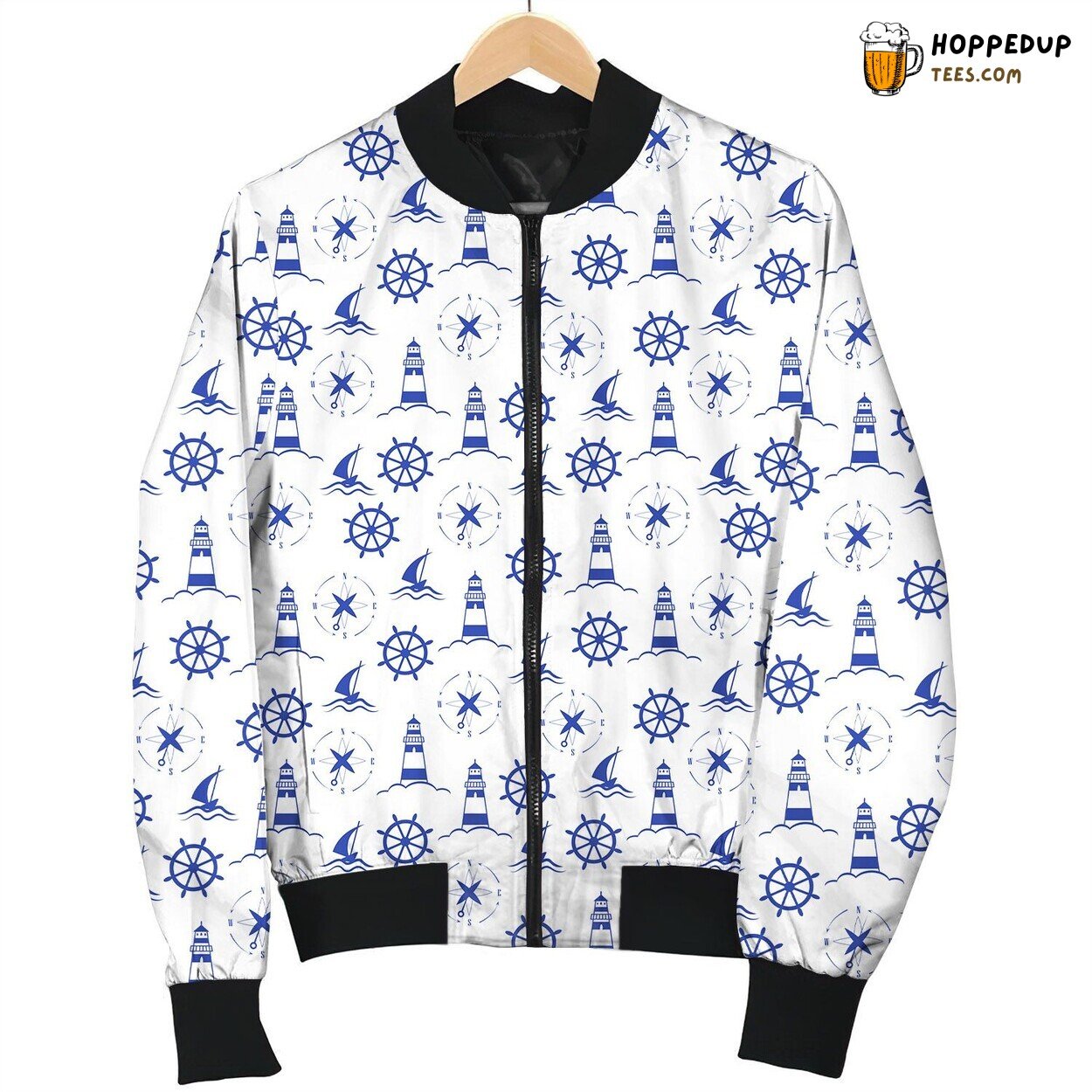 Nautical Items By Blue Line Drawing On White Background Bomber Jacket