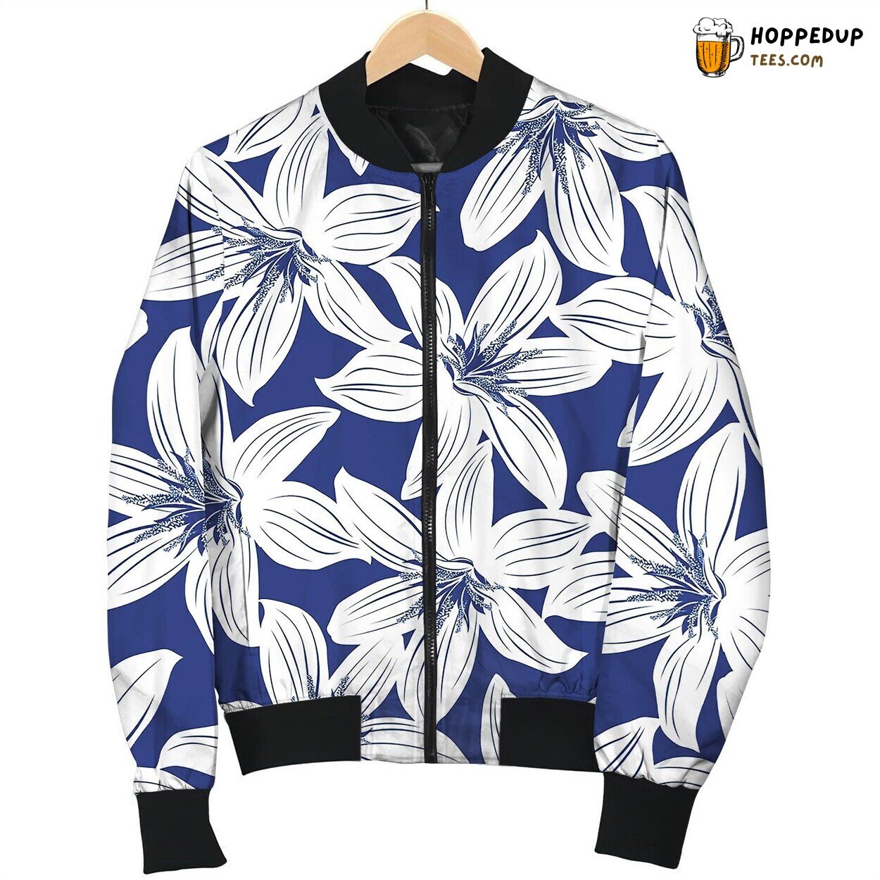 Navy And White Tropical Hibiscus Floral Seamless Bomber Jacket