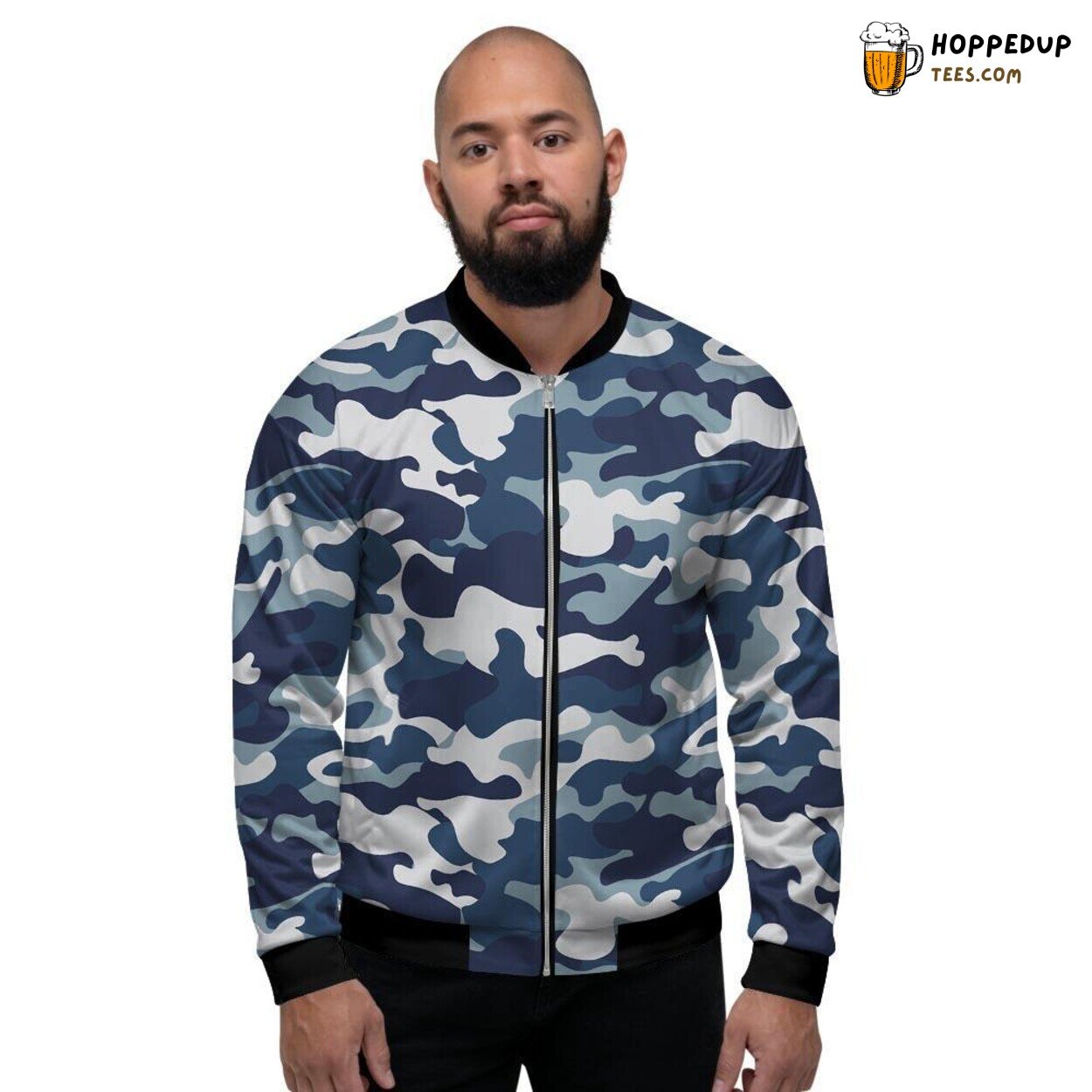 Navy Blue Camouflage Print Design Men’s Bomber Jacket Military Inspired Art