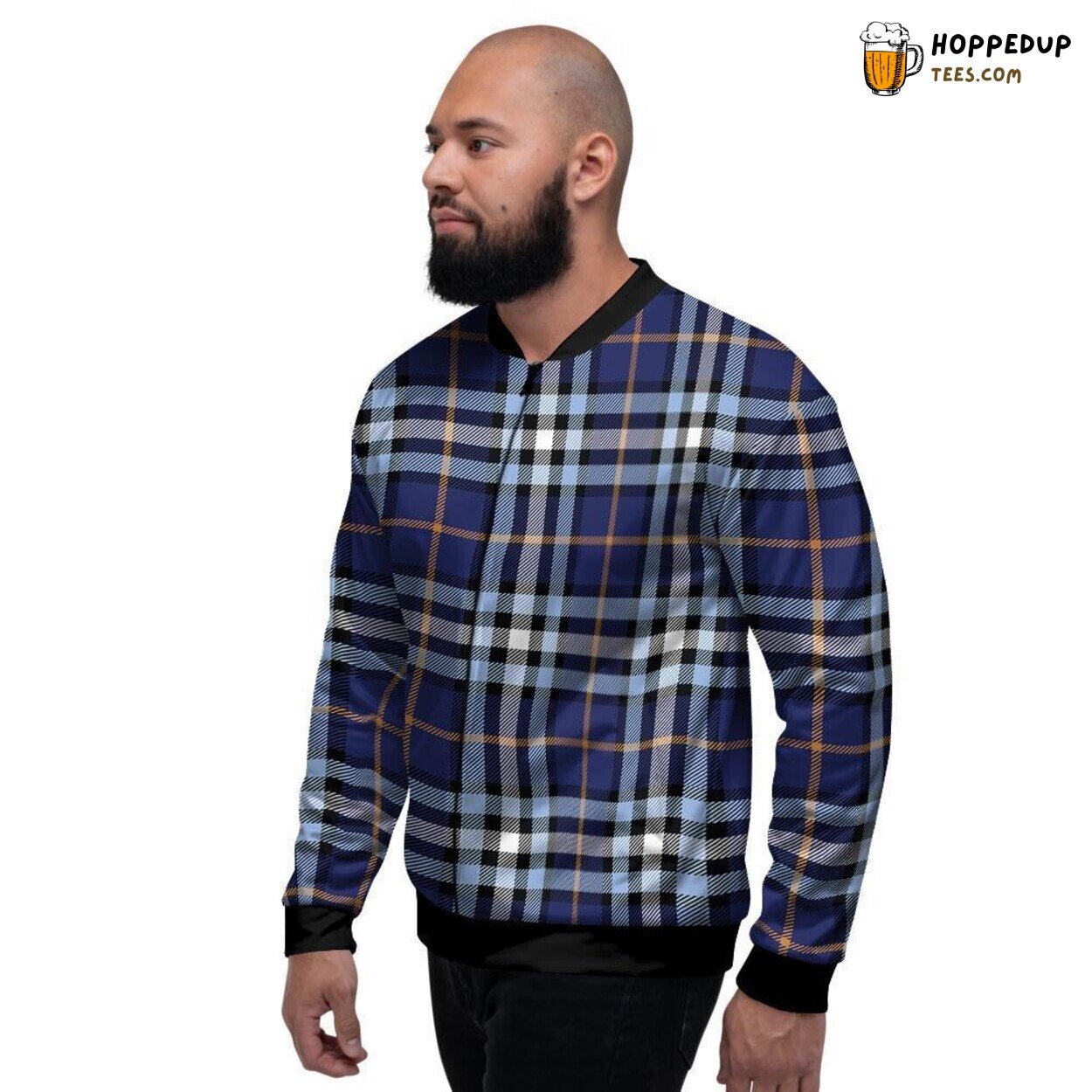 Navy Blue Classic Tartan Plaid Pattern Men’s Bomber Jacket Vintage Elegance