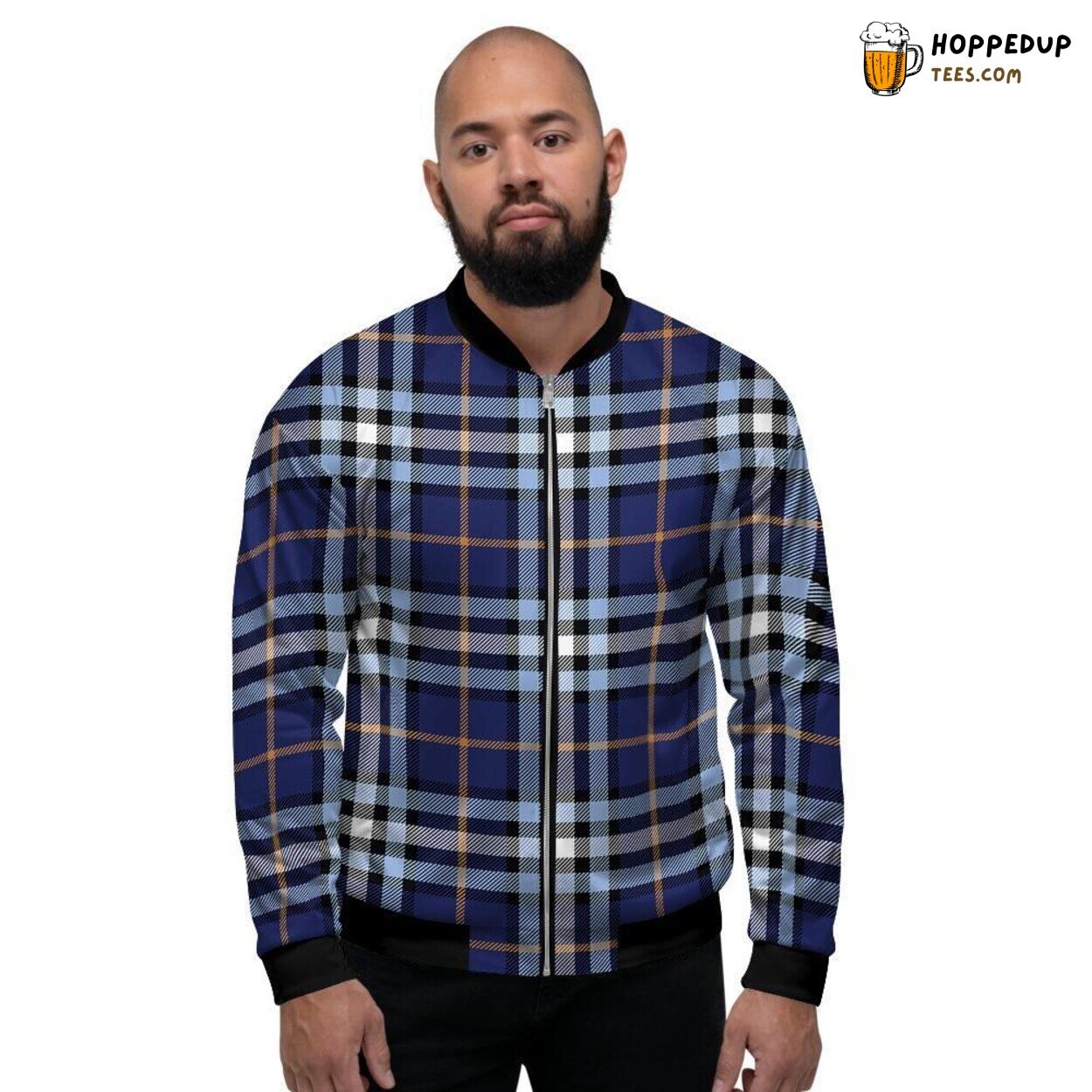 Navy Blue Classic Tartan Plaid Pattern Men’s Bomber Jacket Vintage Elegance