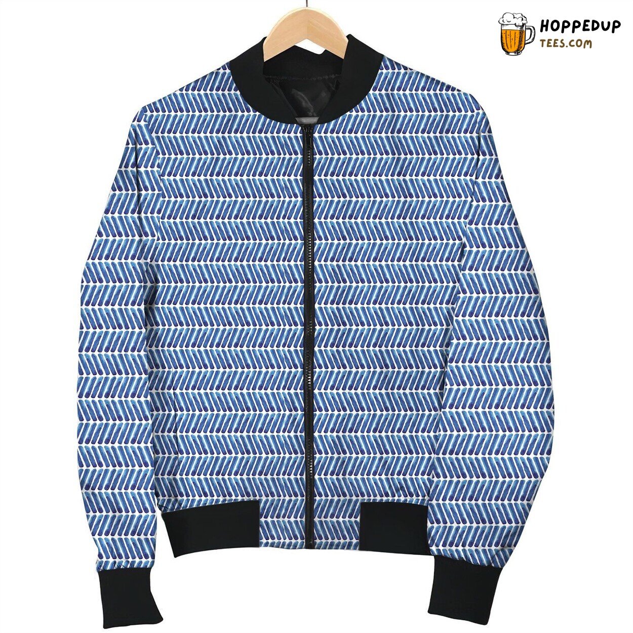 Navy Blue Watercolor Herringbone Bomber Jacket