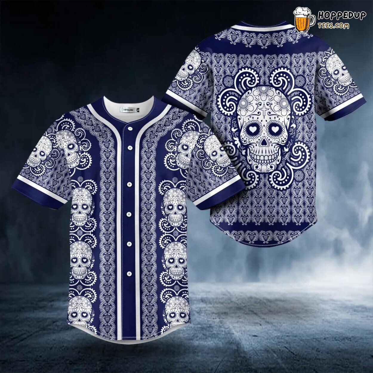 Navy Paisley Sugar Skull Pattern Tailored Unique Baseball Jersey Design