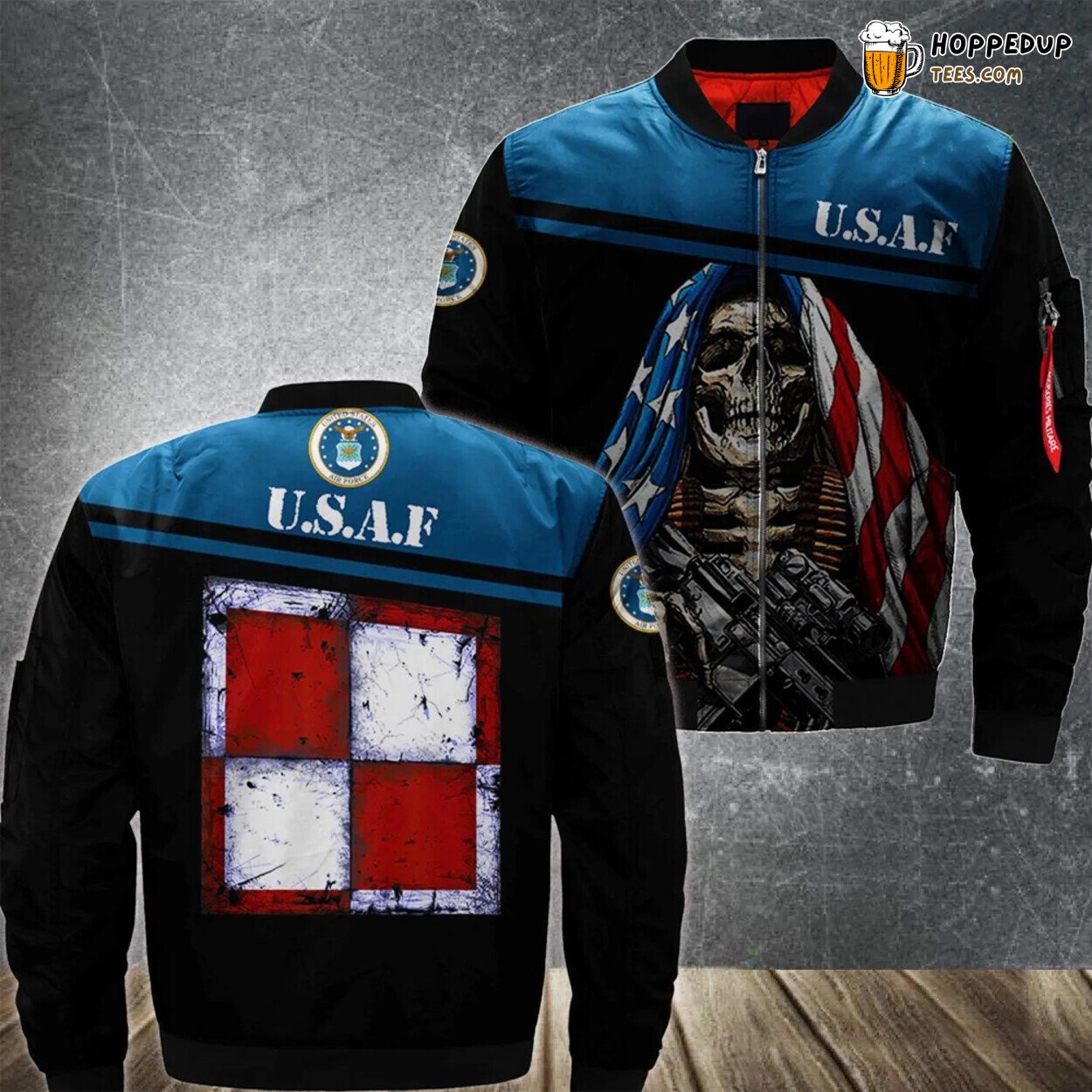 Navy Polish Szachownica Lotnicza Vintage Distressed Bomber Jacket