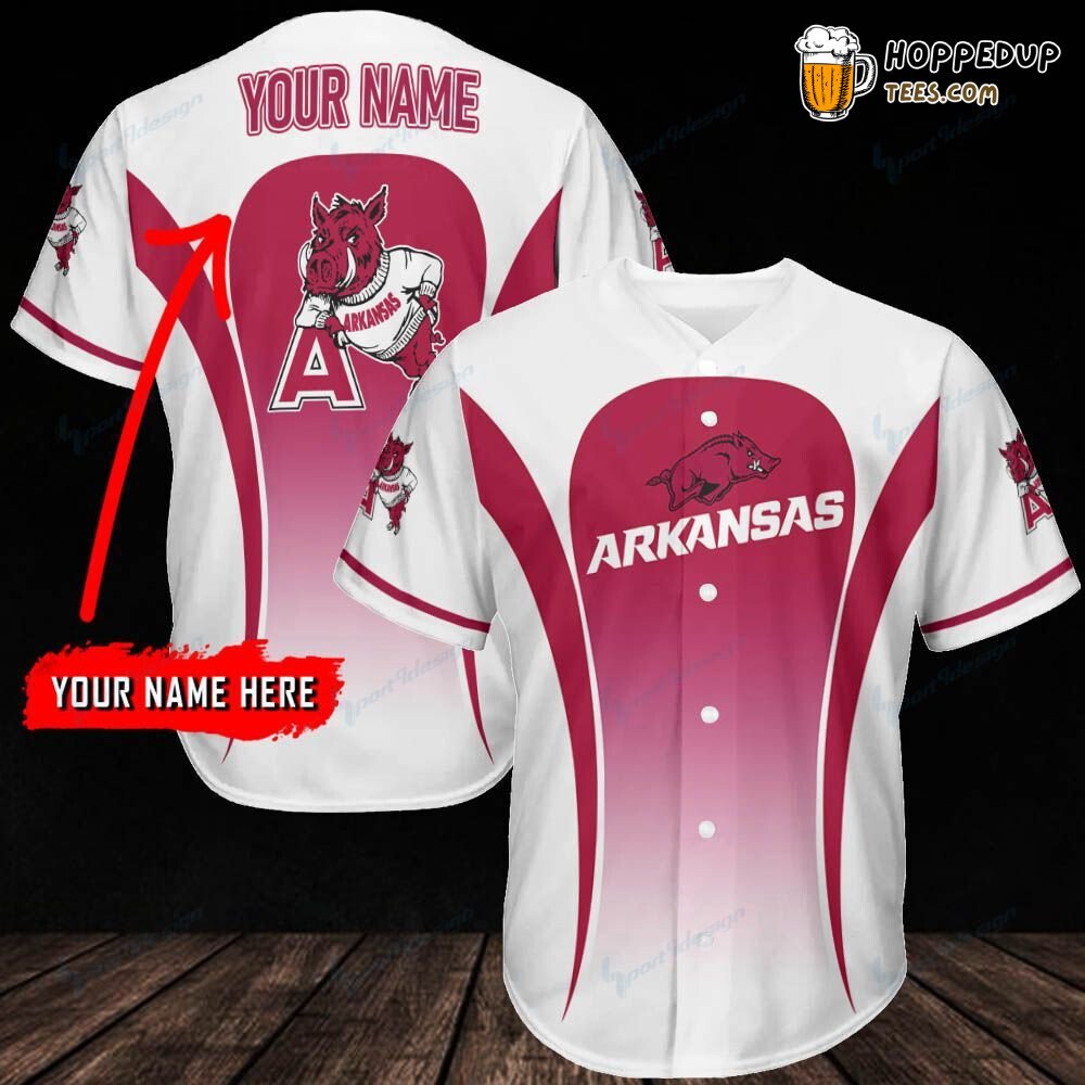 NCAA Arkansas Razorbacks Custom Name Pink White Baseball Jersey Unisex Shirt NCAA Arkansas Razorbacks Custom Name Pink White Baseball Jersey Unisex Shirt