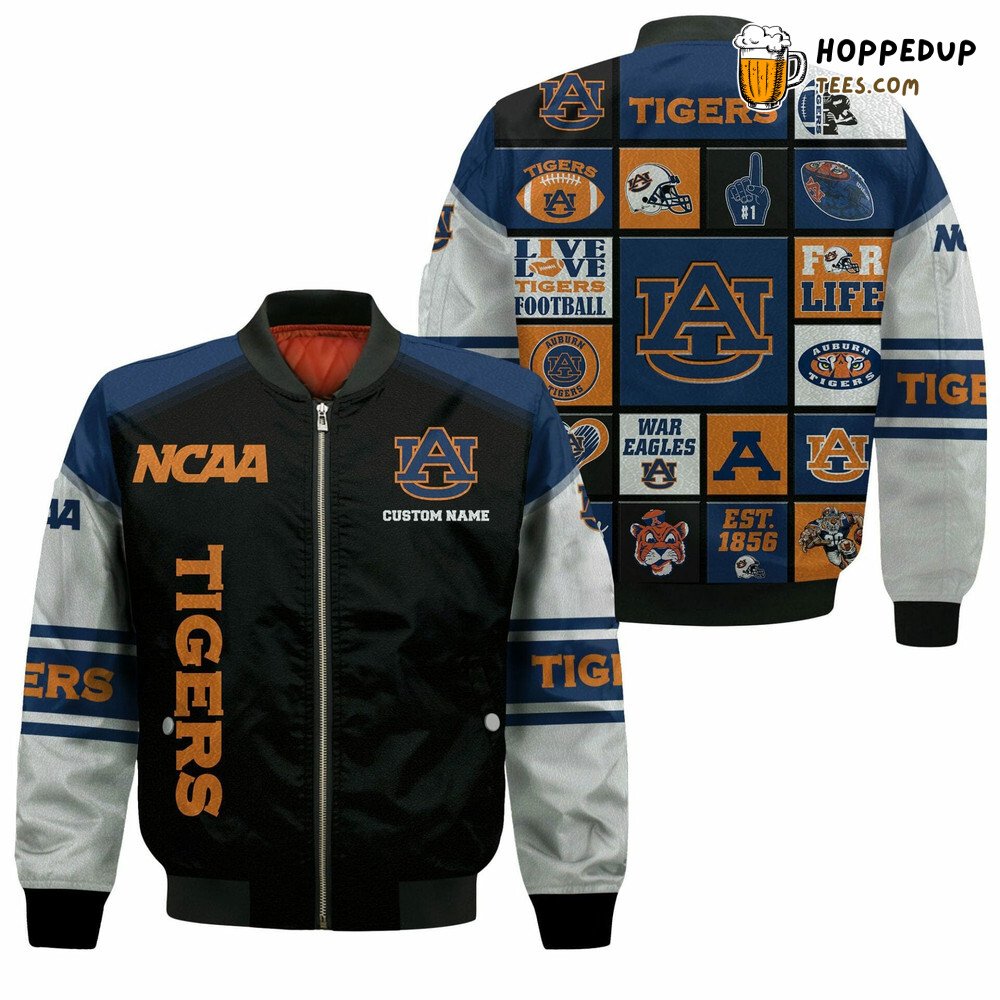 NCAA Auburn Tigers Custom Name Black Blue Bomber Jacket