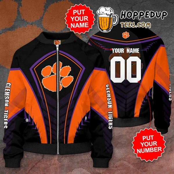 NCAA Clemson Tigers Custom Name Number Black Bomber Jacket