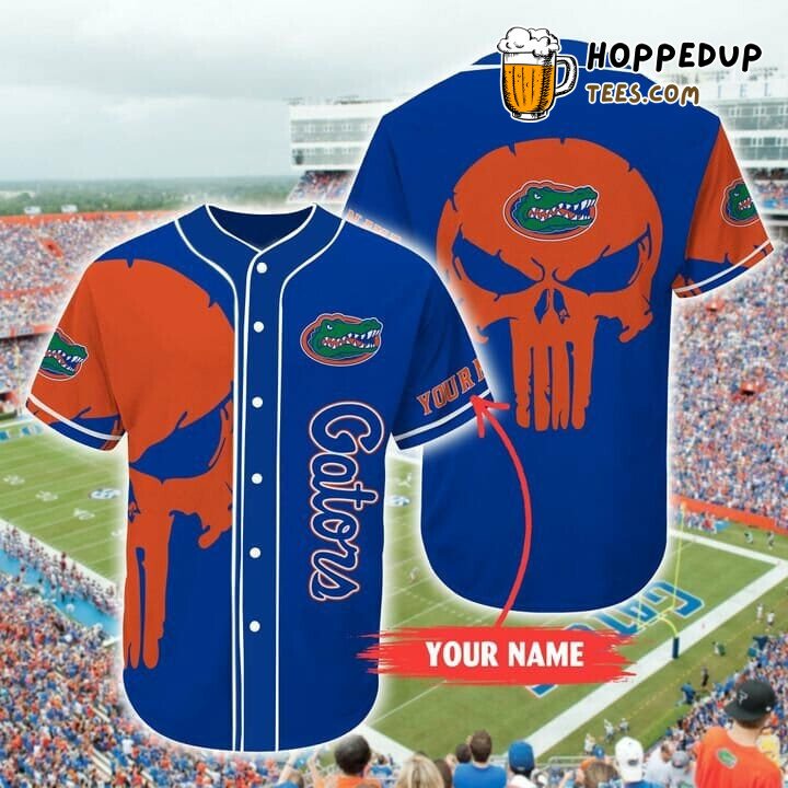NCAA Florida Gators Custom Name Punisher Skull Blue Baseball Jersey Unisex Shirt
