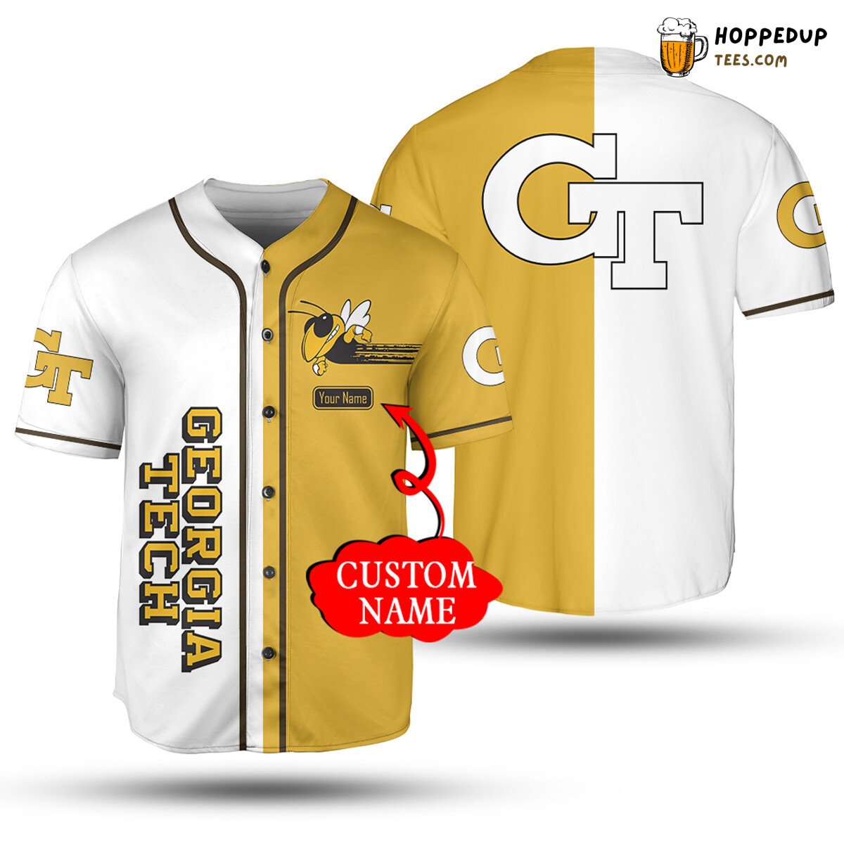 NCAA Georgia Tech Yellow Jackets Custom Name Gold White Baseball Jersey Unisex Shirt