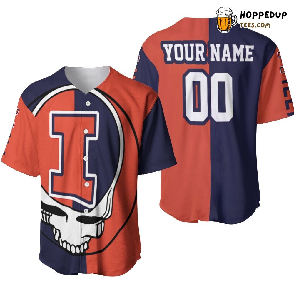 NCAA Illinois Fighting Illini Custom Text Number Skull Baseball Jersey Unisex Shirt