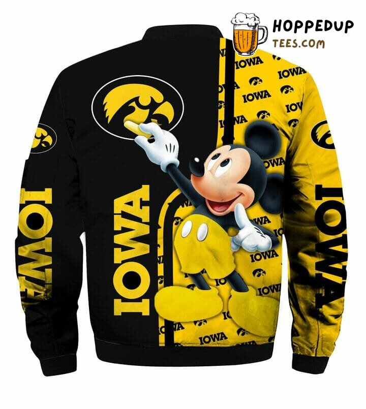 NCAA Iowa Hawkeyes Black Gold Mickey Mouse Bomber Jacket
