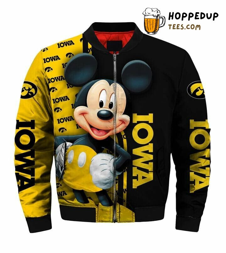 NCAA Iowa Hawkeyes Black Gold Mickey Mouse Bomber Jacket