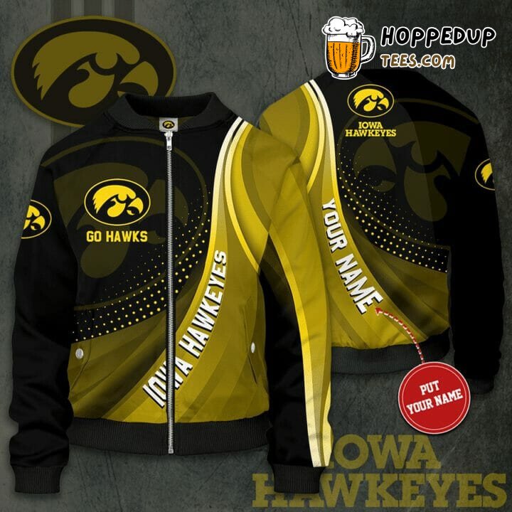NCAA Iowa Hawkeyes Custom Name Gold Black Bomber Jacket