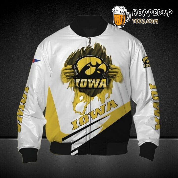 NCAA Iowa Hawkeyes White Gold Bomber Jacket Athletic Sportswear