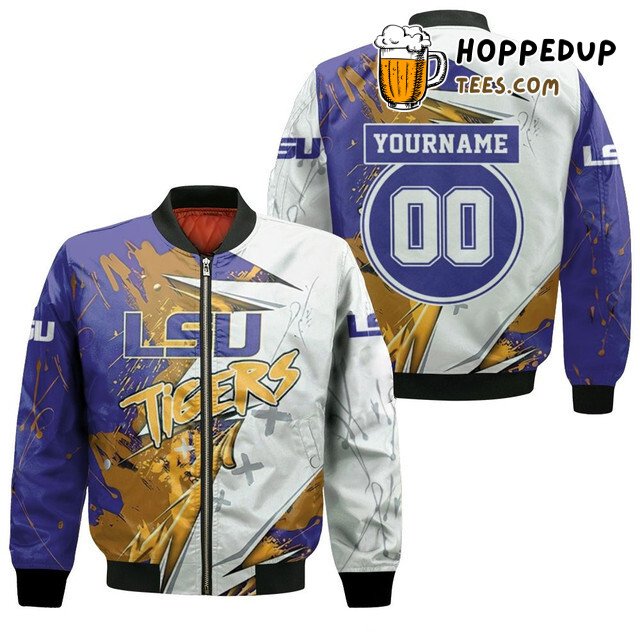 NCAA LSU Tigers Custom Name Number Purple White Bomber Jacket