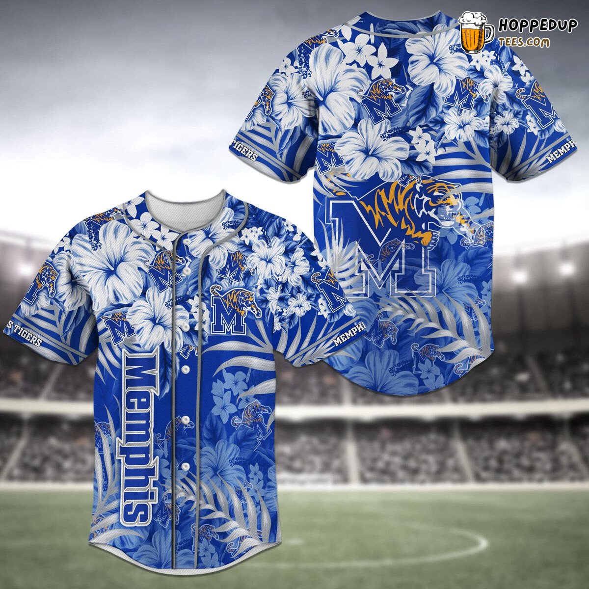 NCAA Memphis Tigers Blue White Tropical Flowers Baseball Jersey Unisex Shirt
