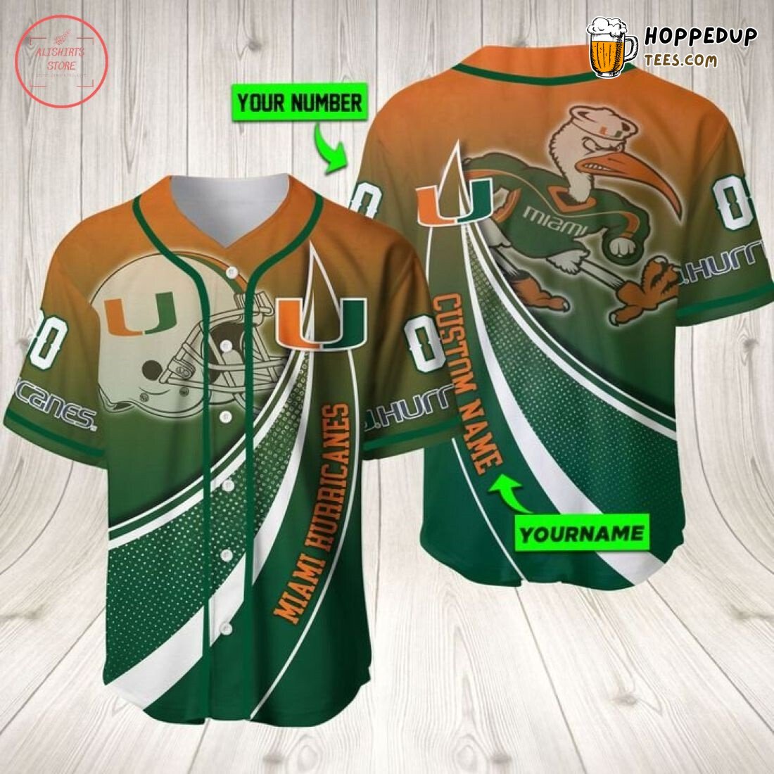 NCAA Miami Hurricanes Custom Name Number Green Orange Baseball Jersey Unisex Shirt