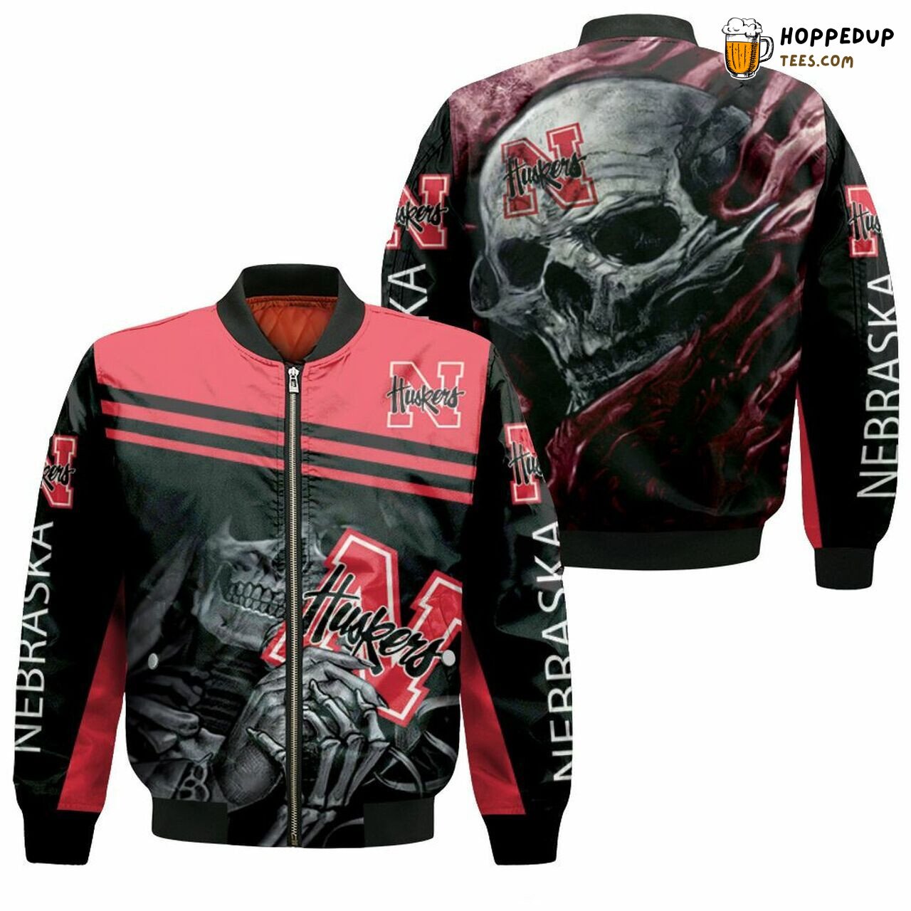 NCAA Nebraska Cornhuskers Red Black Skull Bomber Jacket