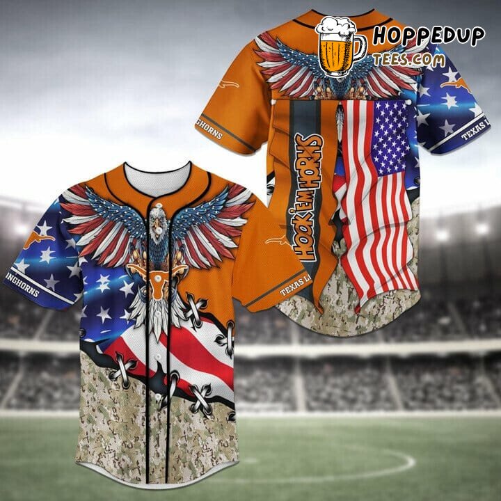 NCAA Texas Longhorns American Flag Camo Baseball Jersey Unisex Shirt