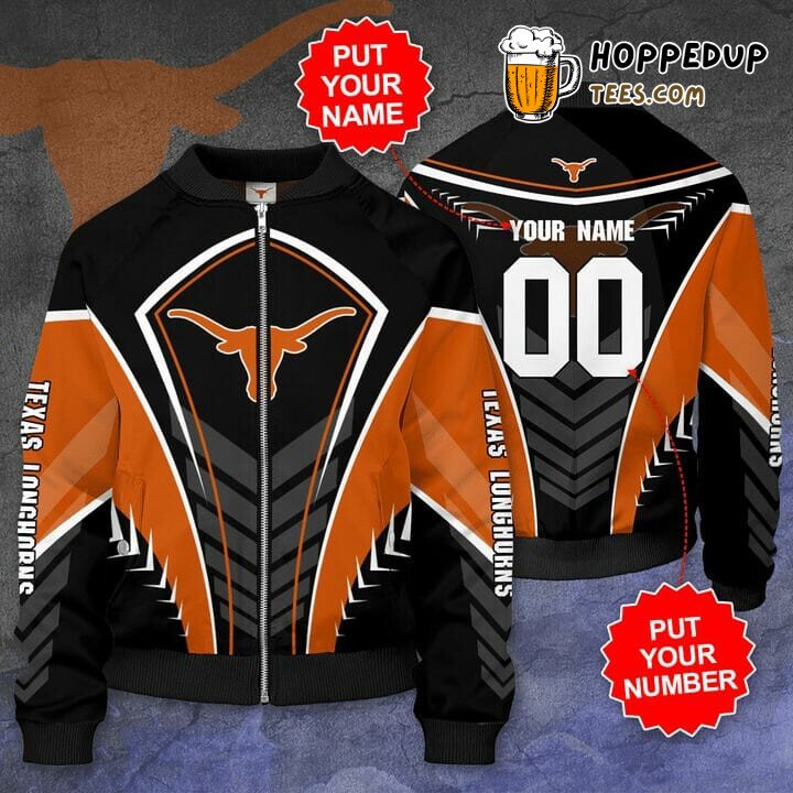 NCAA Texas Longhorns Custom Name Number Black Orange Bomber Jacket