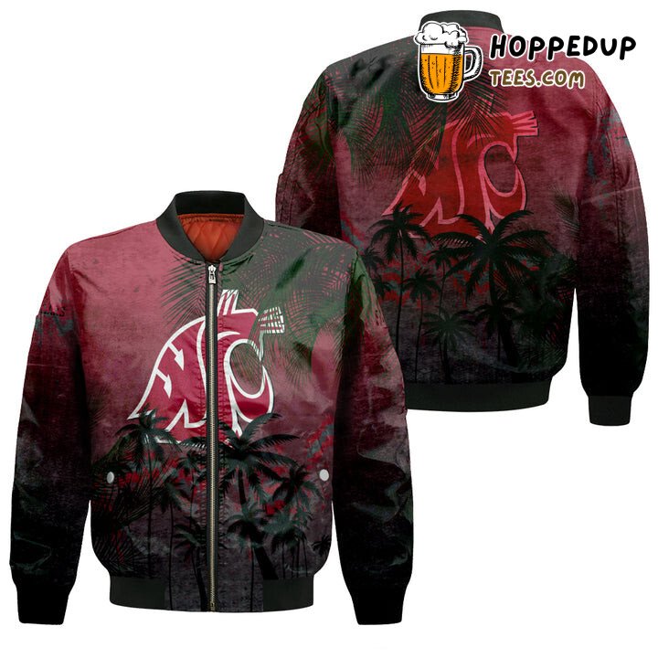 NCAA Washington State Cougars Red Coconut Tree Tropical Grunge Bomber Jacket