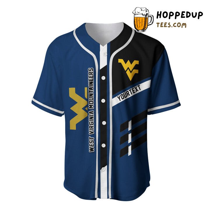 NCAA West Virginia Mountaineers Custom Text Blue Black Baseball Jersey Unisex Shirt NCAA West Virginia Mountaineers Custom Text Blue Black Baseball Jersey Unisex Shirt