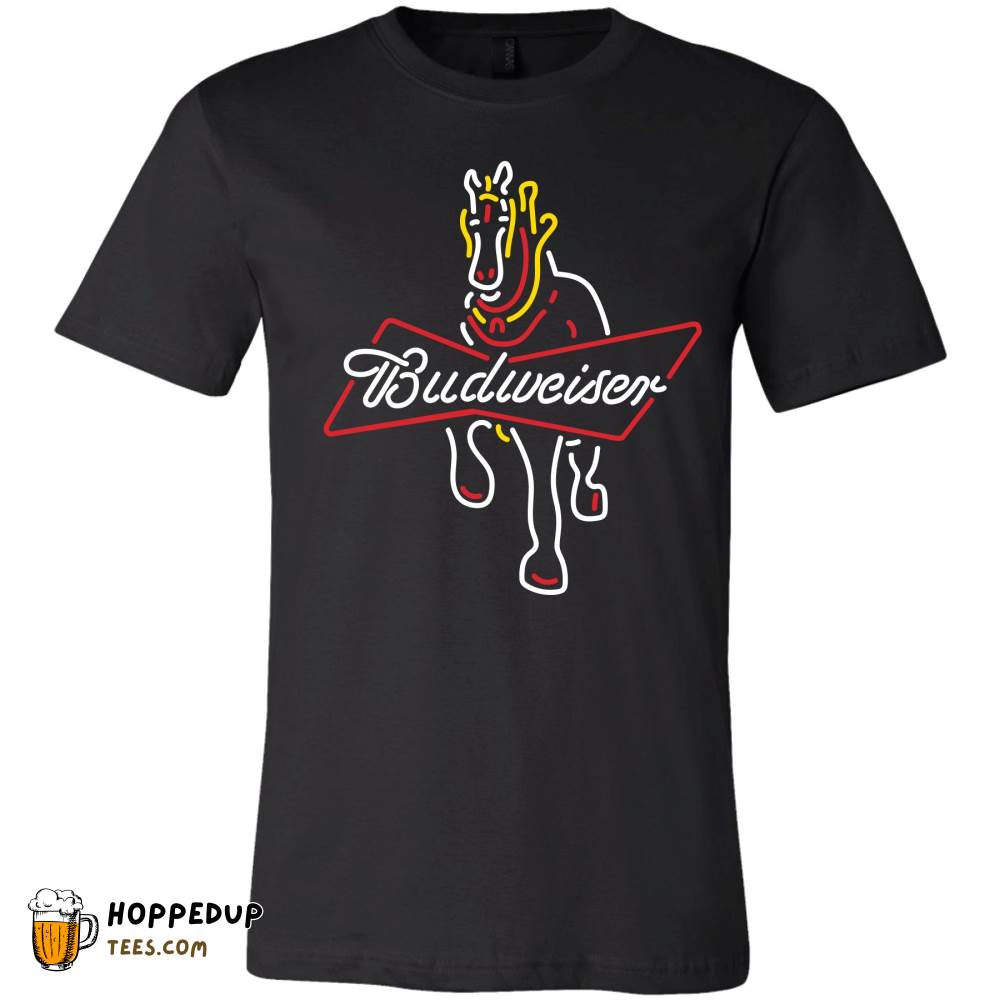 Neon Budweiser Beer Full Clydesdale CAD Black Tee HU