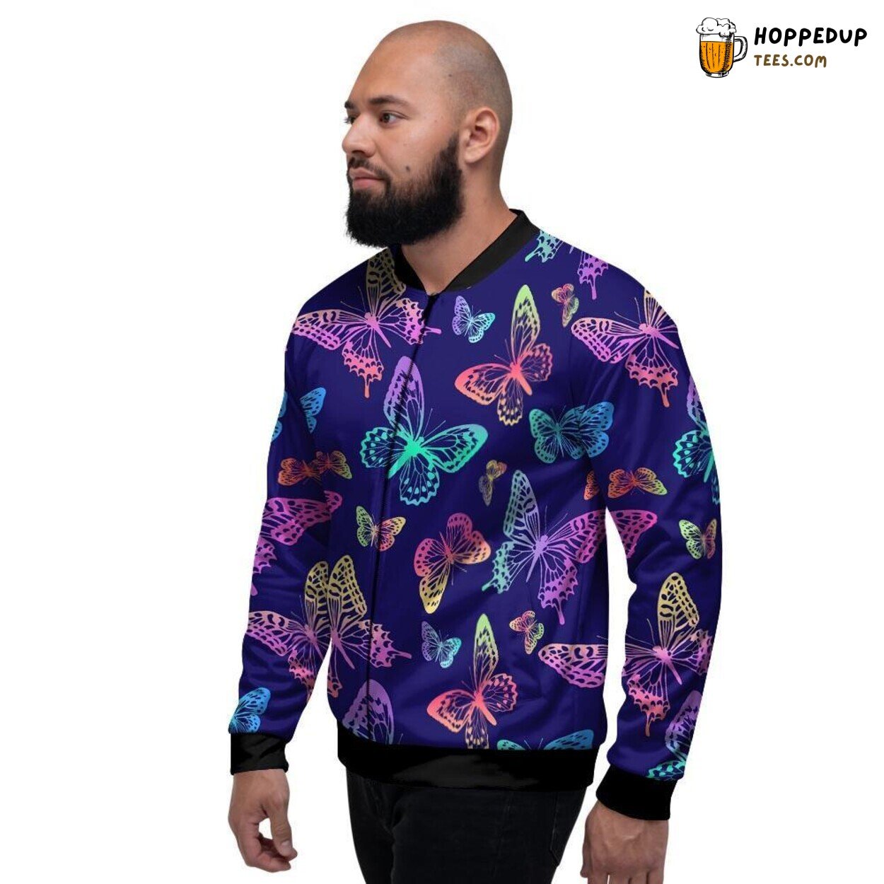 Neon Colored Butterfly Patterns Men’s Bomber Jacket Winged Beauty Display