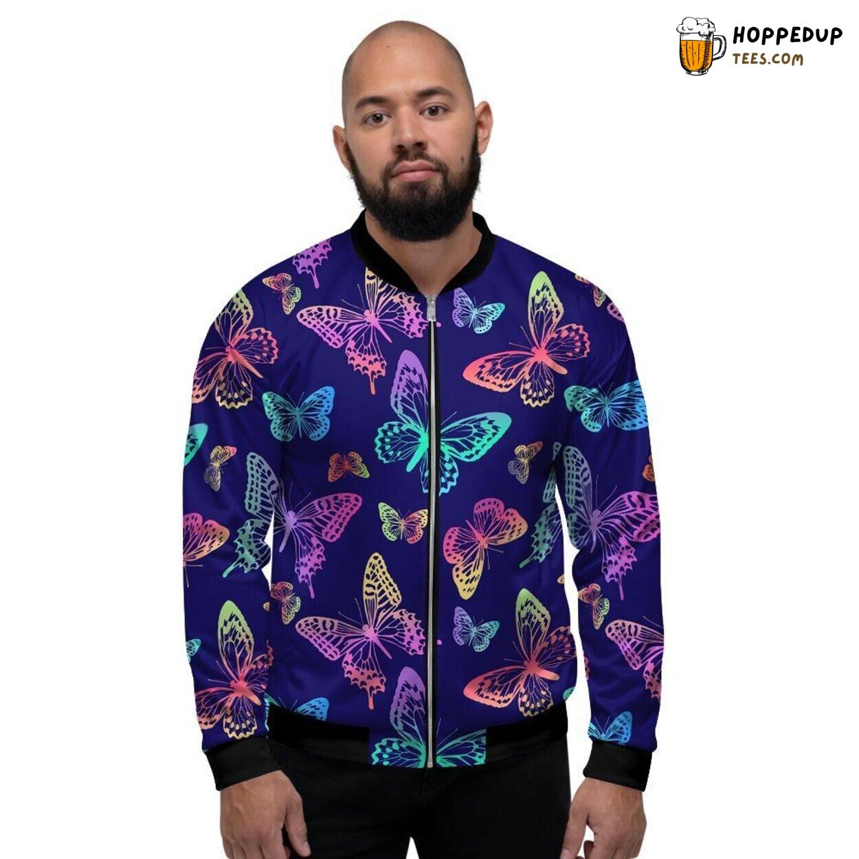 Neon Colored Butterfly Patterns Men’s Bomber Jacket Winged Beauty Display