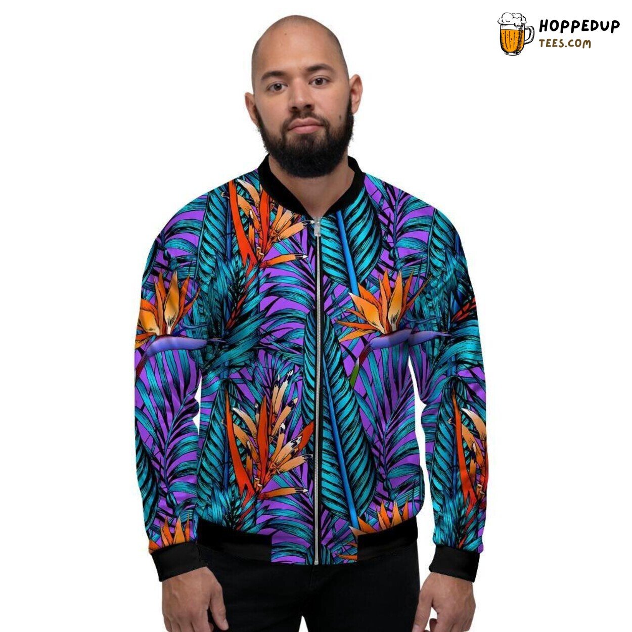 Neon Green Palm Leaf Tropical Men’s Bomber Jacket Nature’s Vibrant Showcase